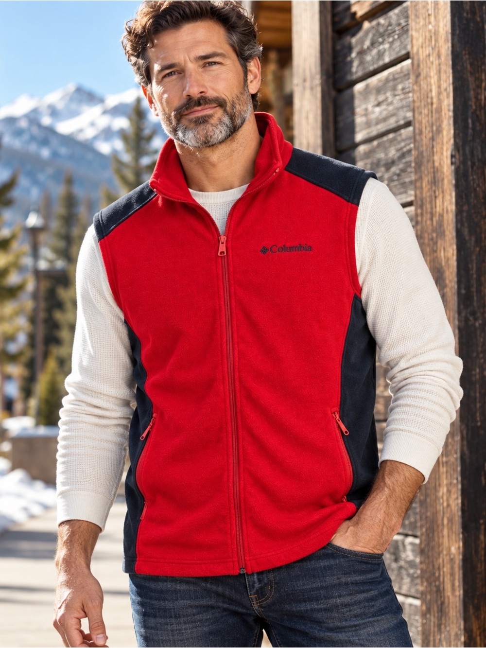 Columbia Red & Black Fleece Zip-Up Vest Men’s LT